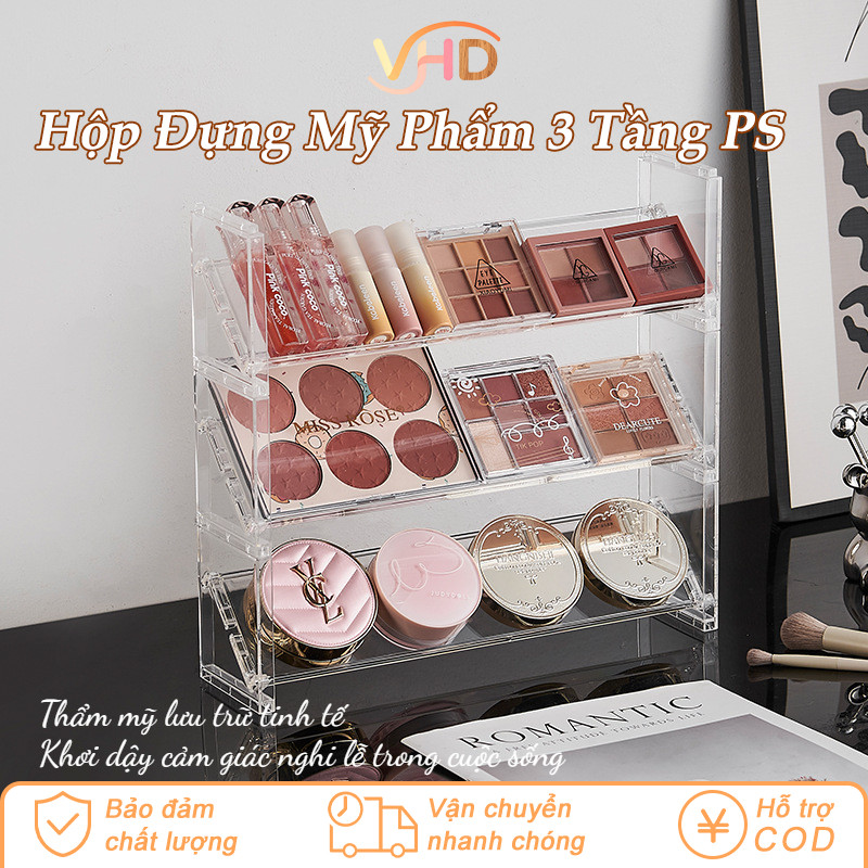 Hộp Đựng Mỹ Phẩm 3 Tầng PS Cao Cấp - Trong Suốt Sang Trọng, Xếp Chồng Đa Năng, Dung Tích Lớn Cho Bàn Trang Điểm Gọn Gàng