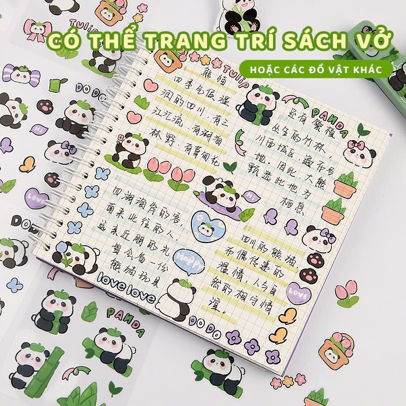 Sticker mini gấu trúc 10 miếng trong suốt, hình dán cute trang trí laptop sổ tay bút và đồ dùng học tập