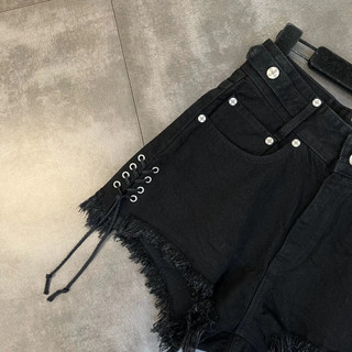 Quần short denim dây rút tua rua nữ Cạp cao 2026 Mùa hè Phong cách tối màu Size lớn