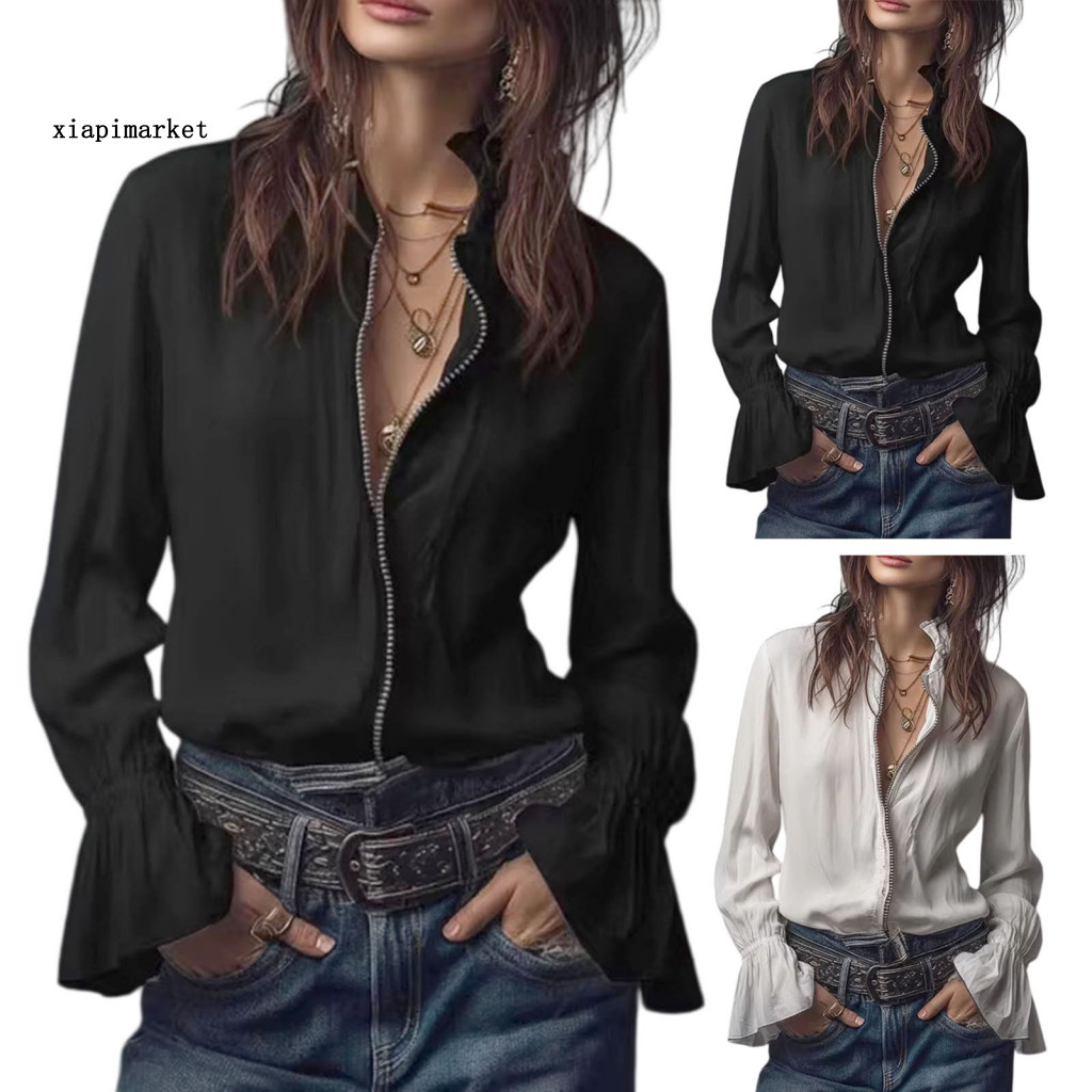 Áo sơ mi nữ thân thiện với da, cổ đứng dài tay - Style retro phù hợp đi đông nam