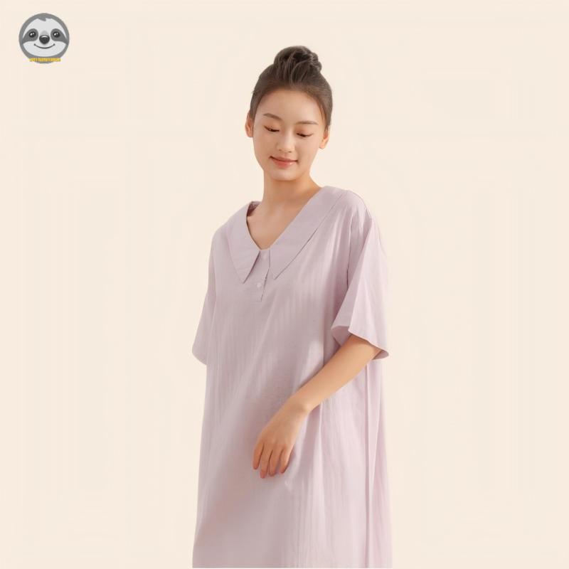 Phong cách Nhật Bản Muji Style / Váy ngủ rộng tay ngắn Cotton nguyên chất mùa hè dành cho nữ / Váy cổ chữ V mát mẻ mùa hè / Có thể mặc bên ngoài Váy một mảnh mềm mại thoải mái