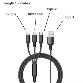 Cáp Dữ Liệu 3 Trong 1 Màu Vàng /đen/hồng/xanh lá/xanh dương/120W Đồng Thuần Khiết - Sạc Nhanh Hiệu Quả
