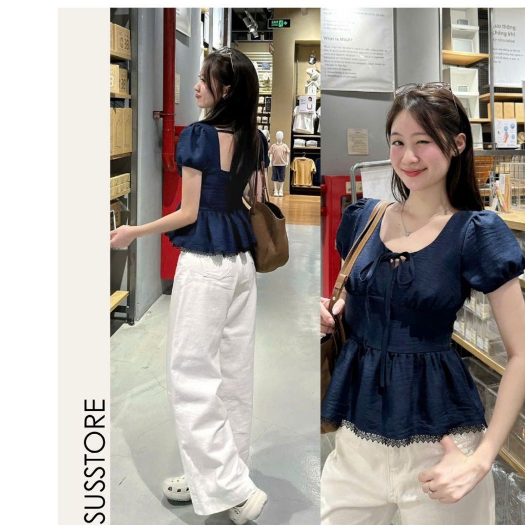 Áo Kiểu Nơ Buộc Bo Eo Tay Bồng Pha Ren A31177 Thời Trang Nữ Bigsize - Sam Botique