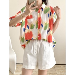 Sẵn sàng - Áo sơ mi nữ tay ngắn 100% sợi cotton cao cấp mùa xuân 2026, thiết kế hoạt hình ngọt ngào với họa tiết graffiti