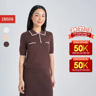 Áo len nữ CANIFA cổ polo phối màu tay lỡ dáng ôm 6TE24W007