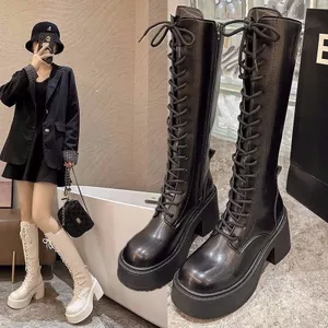 Fat MM Giày Bốt Dày Nữ Thu Đông Phong Cách Mới Đế Dày Phối Ren Giày Bốt Co Giãn Retro Hiệp Sĩ Giày Bốt Đen
