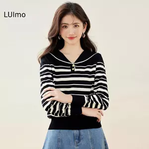 LUImo Áo Len Hàn Quốc Sọc Cổ Hải Quân Dài Tay - Phù Hợp Ngày Thường Và Đại Học