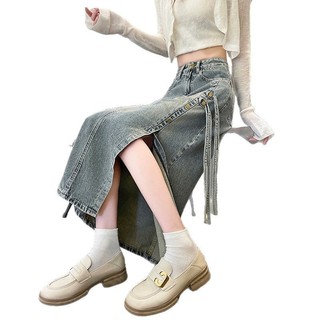 Váy midi denim phong cách Trung Quốc mới cho nữ, mùa xuân, eo cao, dài vừa phải, váy xẻ A-line