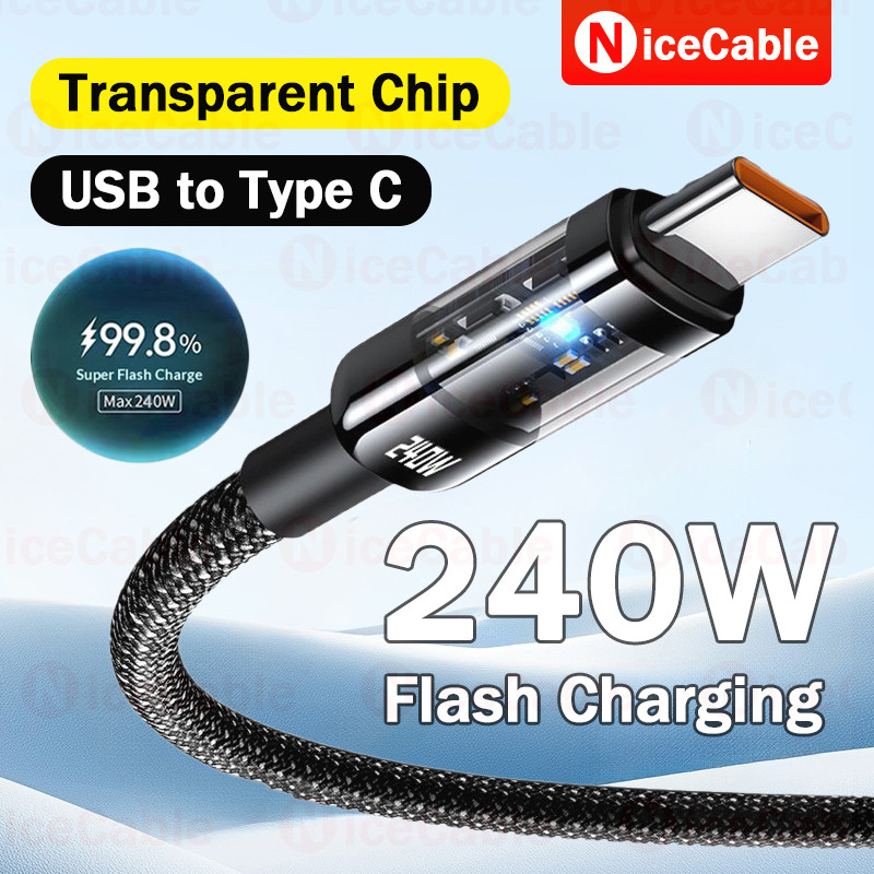 Dây dữ liệu bện cường độ cao 25CM / 1M / 1.5M / 2M Cáp sạc điện thoại công suất cao 240W có đèn báo trong suốt Cáp sạc nhanh USB sang Type C cho Android