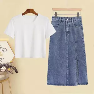 Bộ Đồ Nhỏ Váy Nữ Mùa Hè Cổ Tròn Ngắn Tay Áo Thun Nữ Chia Váy Denim Hai Mảnh Phù Hợp Với