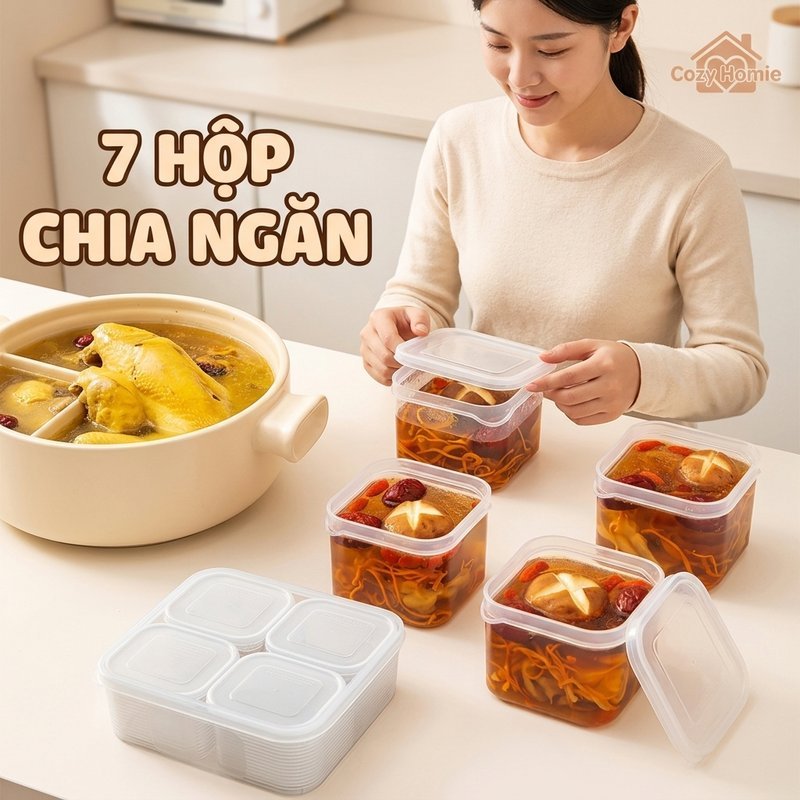 Bộ 7 hộp đựng thực phẩm kín chống tràn an toàn thực phẩm dùng lò vi sóng vạch chia định lượng phù