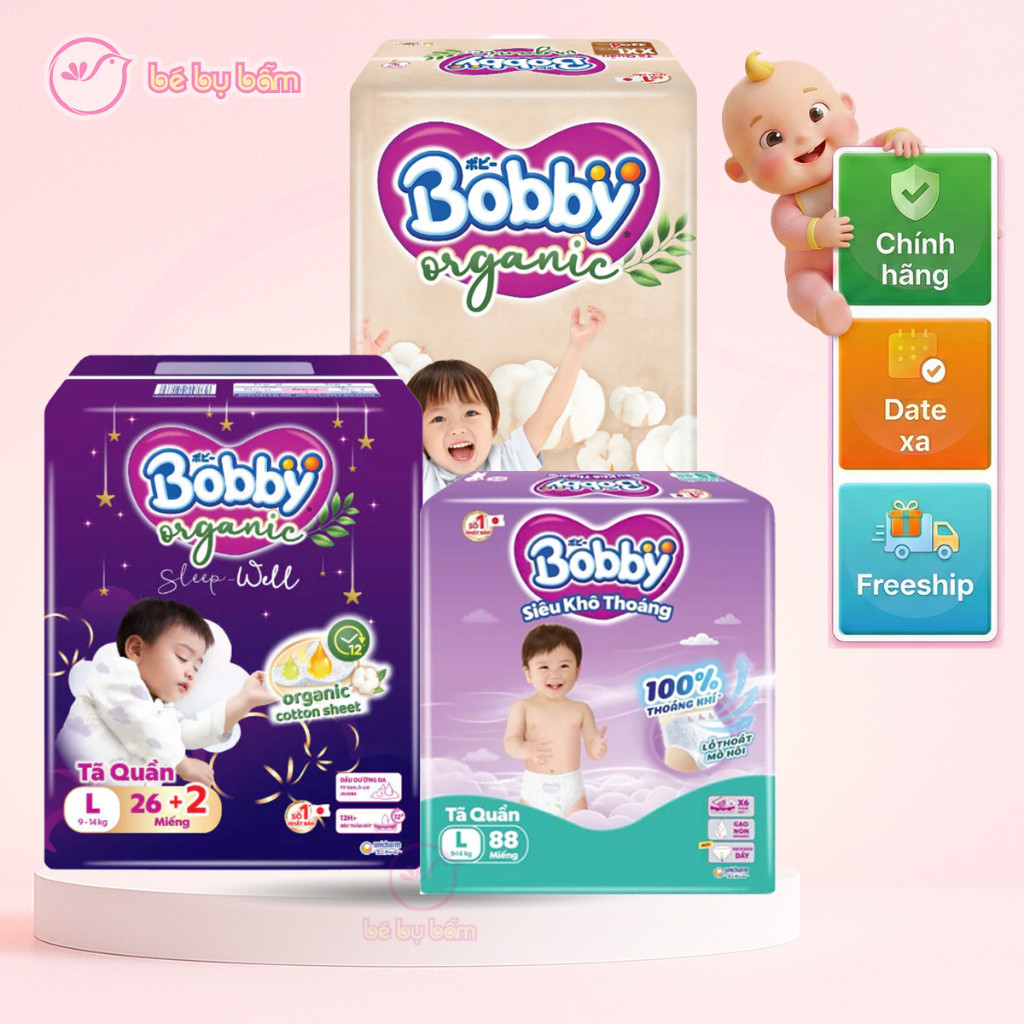 ✨ Tã Bỉm Bobby Ultra+, Premium Soft, Organic Ngày, Đêm  - Bỉm quần, Size NB, S, M, L, XL, XXL, 3XL