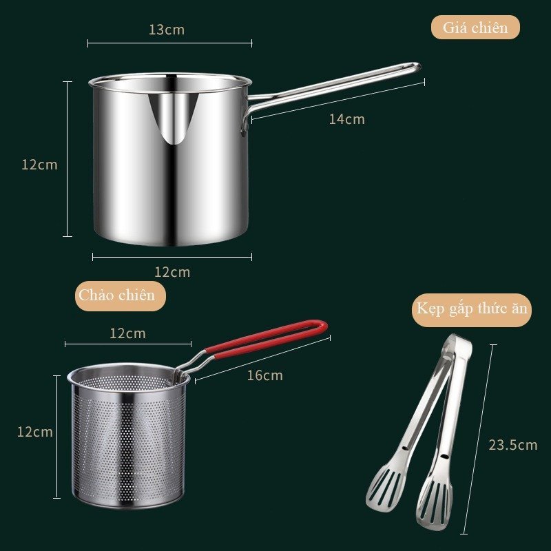 Nồi chiên ngập dầu thép không gỉ 304 an toàn sức khỏe tiết kiệm dầu phù hợp mọi bếp kèm rổ lọc kẹp