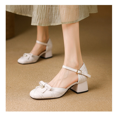 VNMZG34-39 Size Lớn Mùa Hè Giày Sandal Che Phủ Ngón Chân Bằng Dây Đeo Ngọc Trai Ngọt Nơ Trang Trí Gót Chân-Covered Nữ