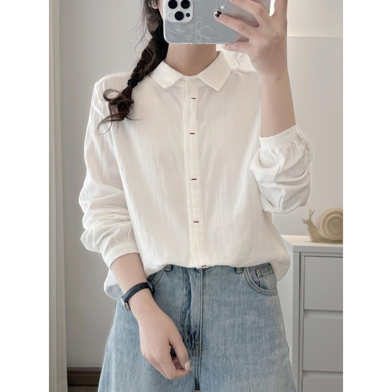 [Sẵn sàng] Áo sơ mi nữ 100% cotton chất lượng cao Áo sơ mi thêu nghệ thuật đơn giản Nút thắt dáng rộng cho bé Áo sơ mi đáy cotton