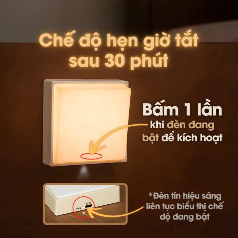 Đèn Công Tắc LV101 Đèn LED Ánh Sáng Vàng Nam Châm Hẹn Giờ Tắt USB Type C Đèn Ngủ Trang Trí Phòng Ngủ