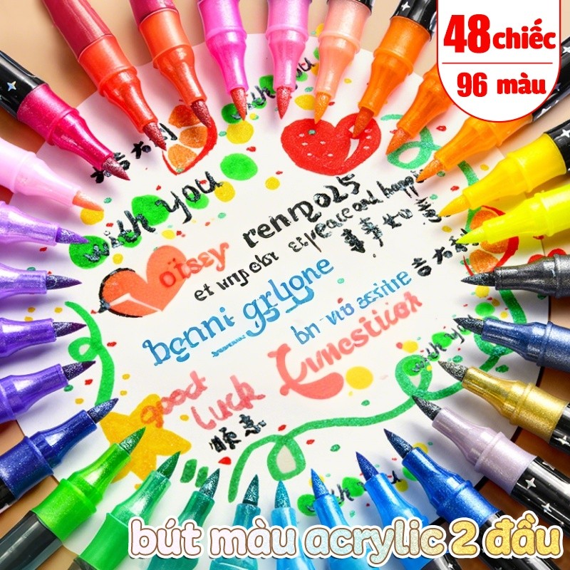 Màu Acrylic Marker Cho Học Sinh, Bút Lông Màu 2 Đầu Mềm - Hộp 48 Chiếc 96 Màu Đẹp, Hoàn Hảo Cho Bé Sáng Tạo