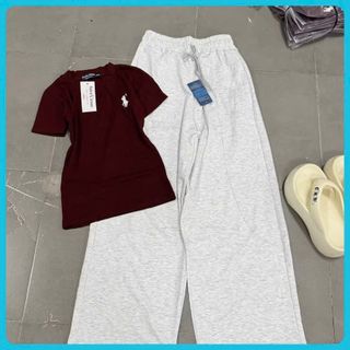 Sét quần ống rộng da cá dài THÊU NGỰA  xám tiêu + phối áo thun CROPTOP nơ -thuba94