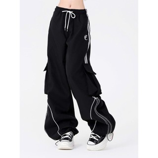 Quần Cargo Dù Ống Rộng Unisex Có Dây Rút Cạp Chun Sọc Viền Cá Tính, Logo Thêu Phong Cách Thời Trang