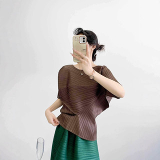 Miyake Áo Thun Nữ Cổ Tròn Tay Ngắn, Mỏng Nhẹ Phong Cách Rời, Phù Hợp Mùa Hè