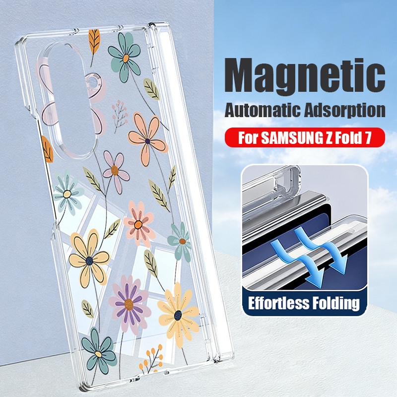 Ốp điện thoại trong suốt hấp phụ từ tính cho Samsung Galaxy Z Fold 7 6 5 Fold7 Fold6 Fold5 5G Vỏ chống sốc in hoa