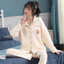Hàng sẵn có Mùa Thu Hố Dải Bộ Đồ Ngủ Nữ Ve Áo Cardigan Quần Dài Tay Bộ Đồ Ngủ Nữ Gấu Ngọt Ngào Homewear Suit