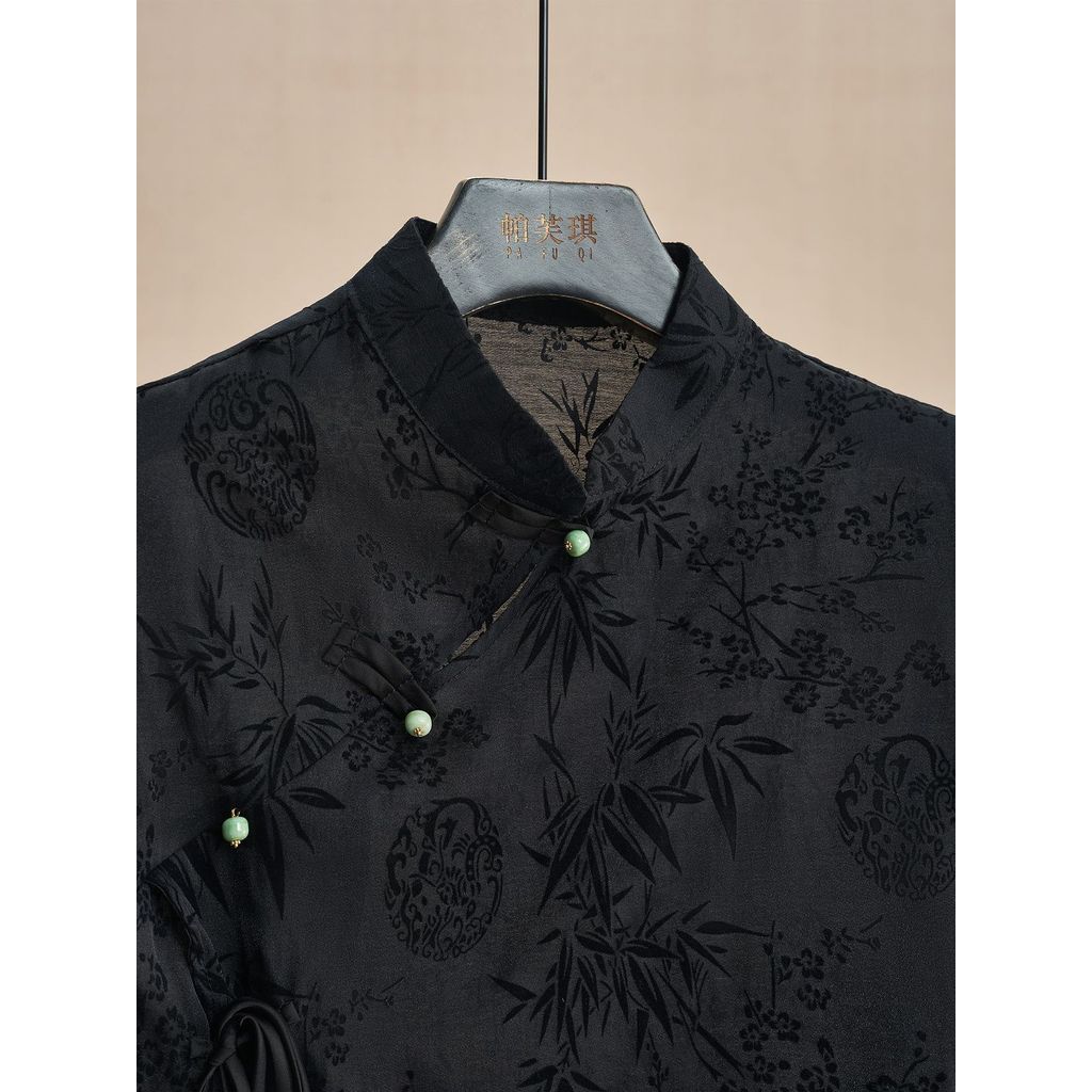 [Hàng mới về] Áo sơ mi sườn xám phong cách dân tộc Trung Quốc retro, jacquard đen, vai áo thun ngắn tay, phù hợp mùa hè