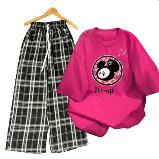 Bộ quần ống rộng caro đen to+ và áo phông nam nữ chất vải cotton su popop -thuba94