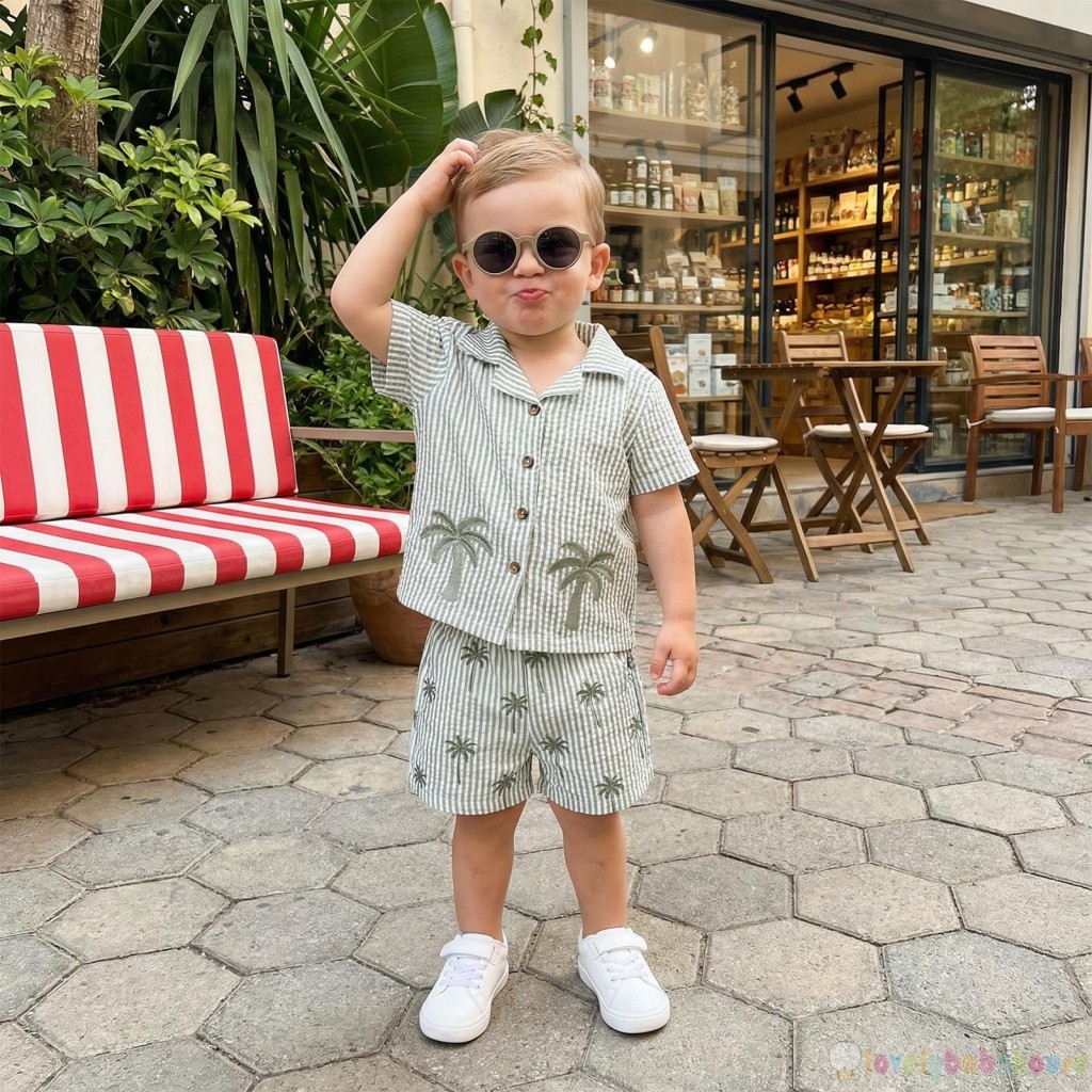 LBH-Toddler Bé Trai Mùa Hè Dễ Thương Sọc Cây Dừa Thêu Áo Sơ Mi Tay Ngắn Có Quần Short Bộ 2 Chiếc