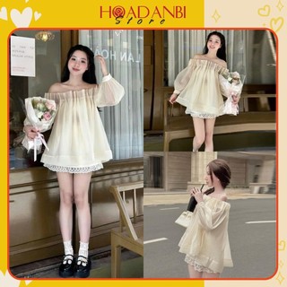 Set Váy Trễ Vai Tay Phồng Kèm Chân Váy Phối Ren Hàng May 2 Lớp có bảo hộ sẵn hàng kèm video