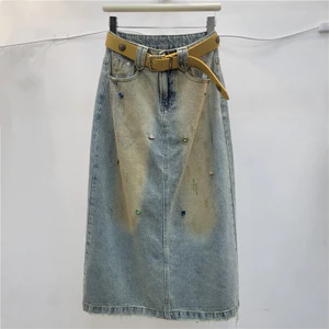 Mùa Hè 2026 Nữ Retro Rác Bùn Nhuộm Đau Khổ Váy Ôm Hơn Eo Cao Cắt Váy Denim Hông Váy Dài