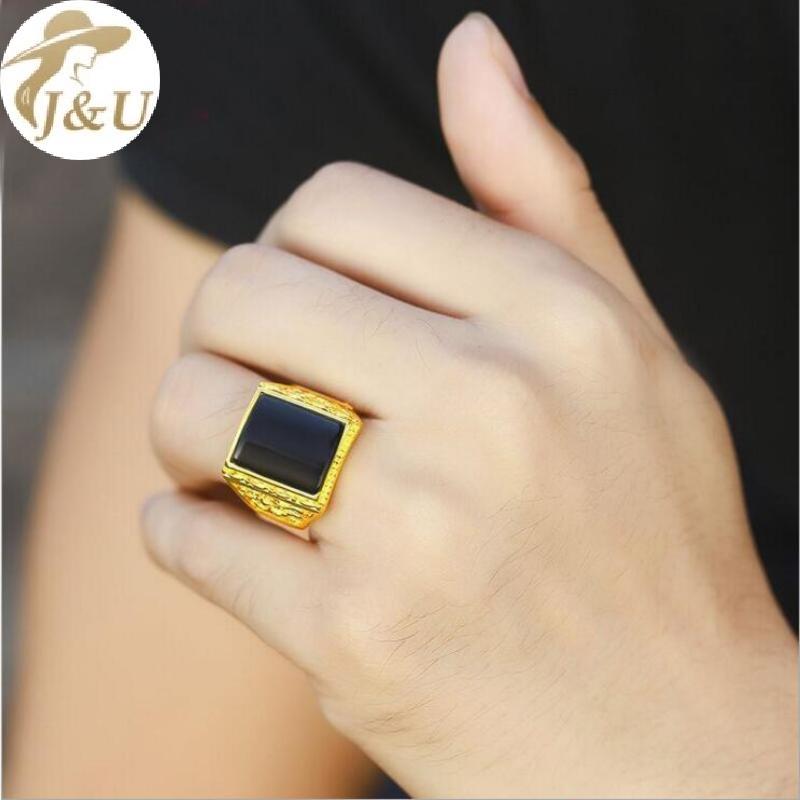 Nhẫn Nam Hình Bầu Dục Lớn Và Nhỏ, Mạ Vàng Với Đá Obsidian