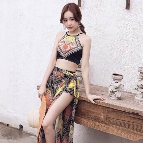 Bộ bơi áo tắm bikini nữ áo yếm kèm khăn voan họa tiết thổ cẩm
