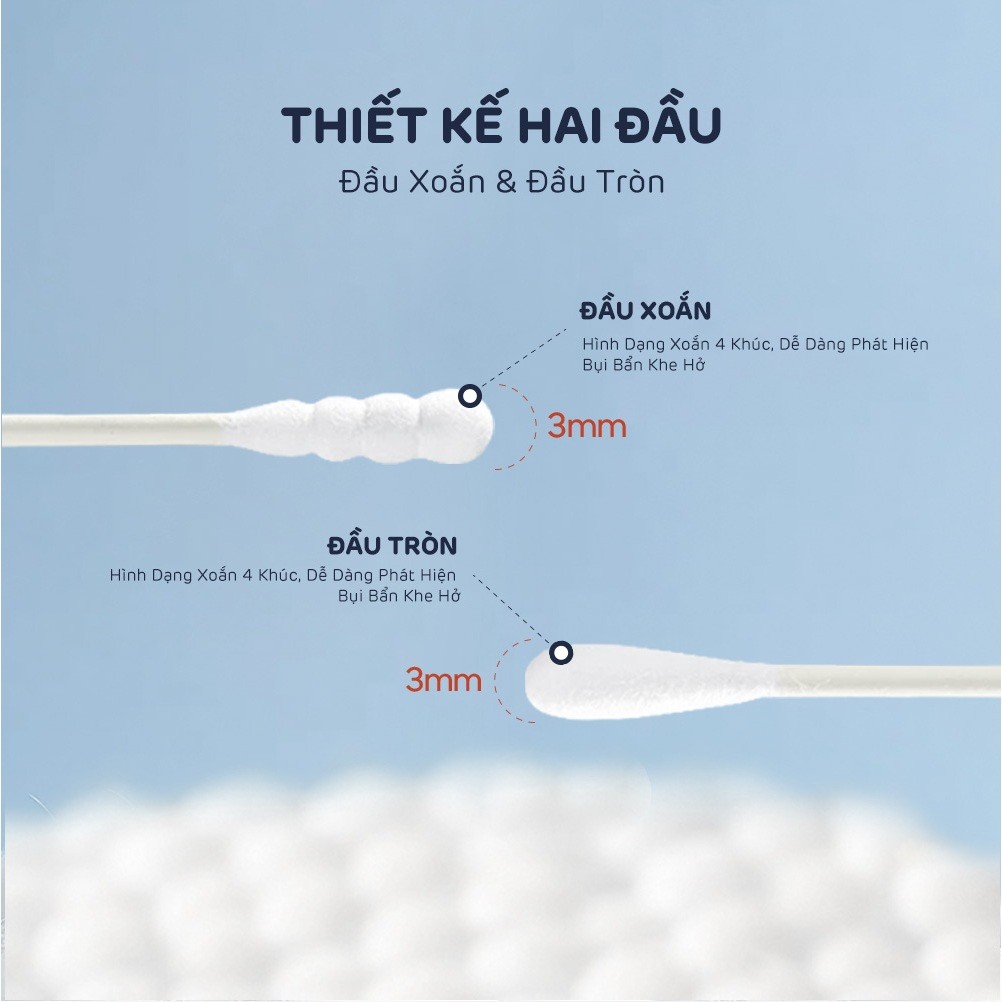 Tăm Bông Aiwibi Cao Cấp Cho Bé, Mềm Mịn, Thân Giấy Linh Hoạt, 100% Bông Thiên Nhiên - 200 Cái/Hộp