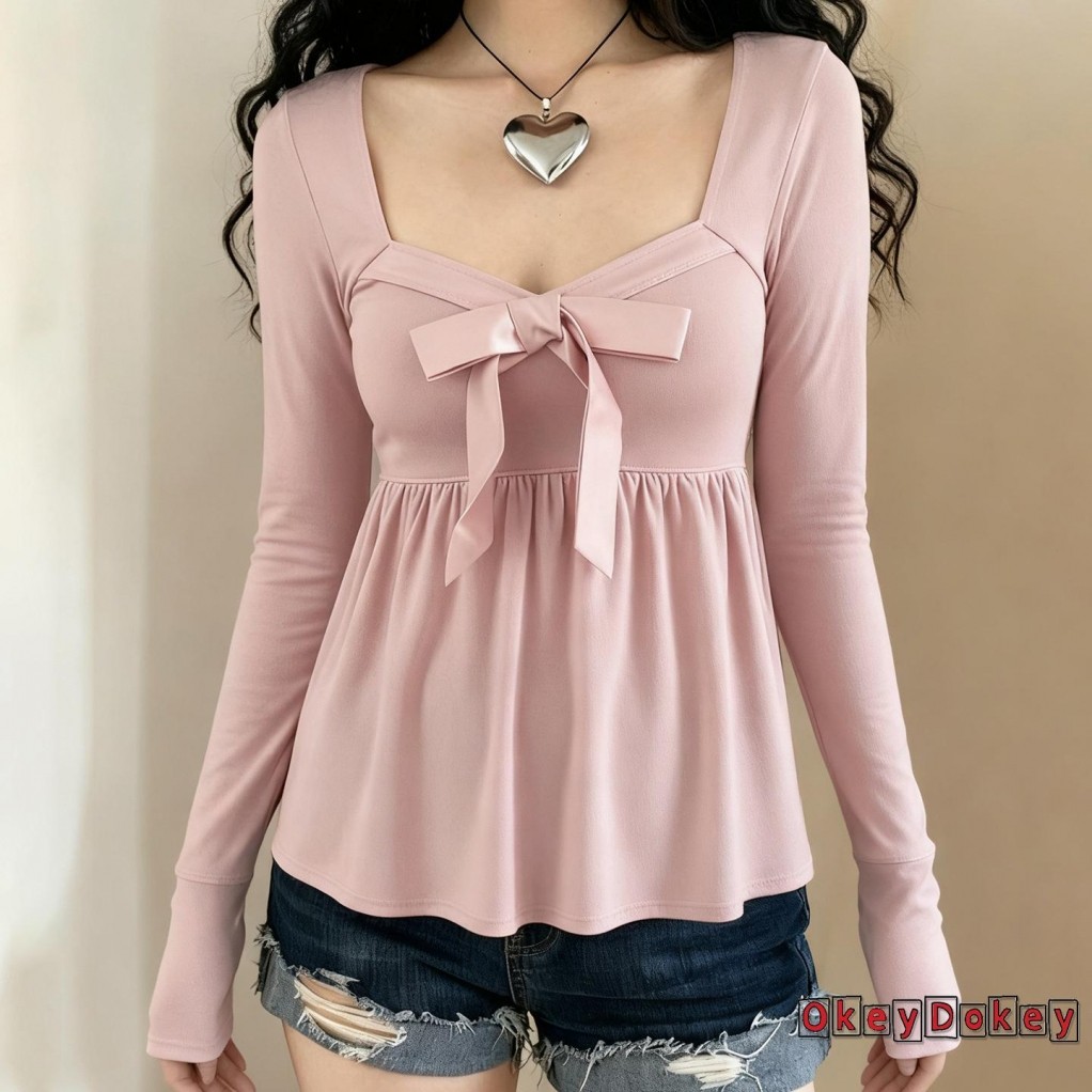 Áo thun Babydoll nữ dài tay nơ xếp ly - Thời trang dạo phố mùa thu
