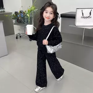 Quần ống rộng đính cườm mùa xuân thu Áo phù hợp với bé gái Trung lớn Trẻ em bé gái Đường phố chiên thời trang Phong cách Hàn Quốc Bộ đồ hai mảnh thời trang 120-170 Size G8UW