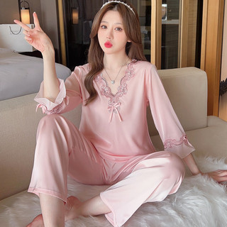 Bộ đồ ngủ lụa băng mùa xuân/hè mới dành cho nữ, bộ tay dài, hai mảnh lụa viền ren, sang trọng và cao cấp.