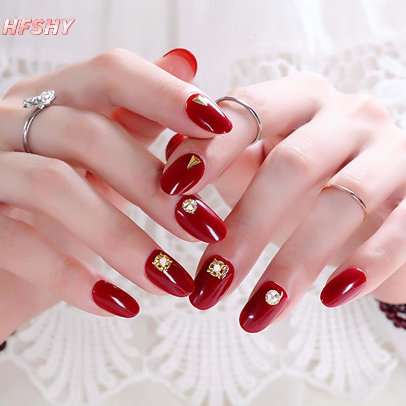 HFSHY 24 Chiếc Móng Tay Giả Đỏ Rượu Vang Đầu Tròn Kèm Keo Dán, Bấm Vào, Có Thể Tháo Rời Cho Nữ VN
