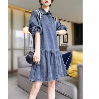Đầm denim trẻ trung và thoải mái dành cho nữ, đầm dài tay thời trang cỡ lớn cho nữ mùa xuân/ thu mới.