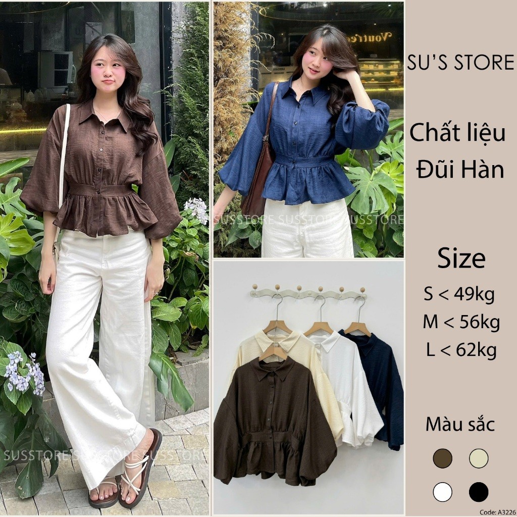 Áo Sơ Mi Bo Eo Lưng Chun Tay Bồng Cúc Dọc Đũi Hàn A322644 Thời Trang Nữ