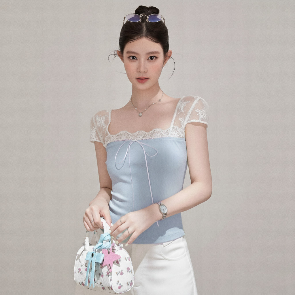 Áo Thun Nữ Cổ Vuông  Tay Ngắn Kiểu Phối Ren A5152133