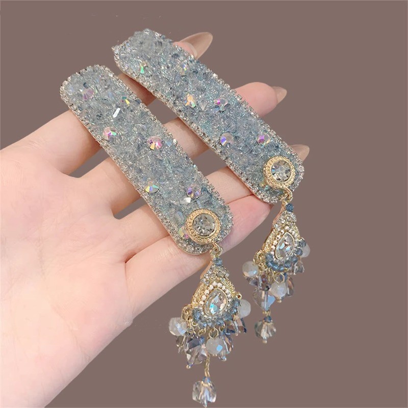 MAUROPOLI Cao Cấp Công Nghiệp Nặng Màu Xanh Full Kim Cương Pha Lê Bên Kẹp Thời Trang Retro Phong Cách Dân Tộc Tua Rua Tóc Kẹp bb Phụ Kiện Tóc Nữ