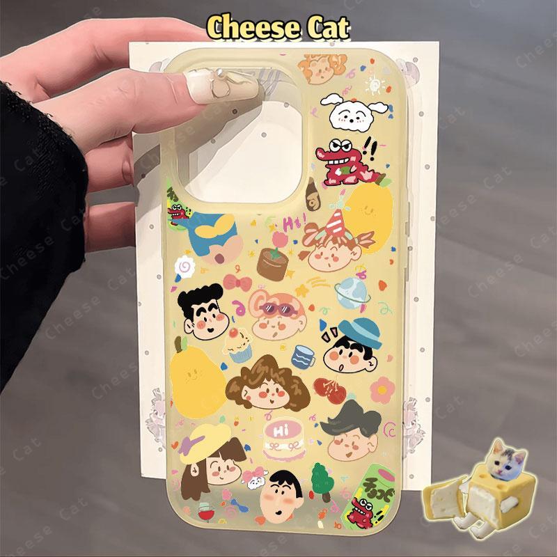 Gia đình bút chì dễ thương Shin Ốp điện thoại màu vàng mờ cho iPhone 15 16 11 12 13 14 17 Pro Max 7 Plus XR Xs Max
