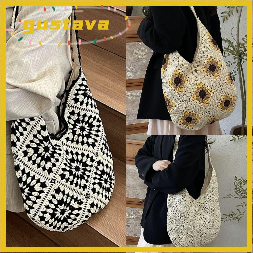 Túi Tote Móc GUSTAVA, Túi Đeo Vai Dệt Phong Cách Nghệ Thuật Móc Tay, Sợi Móc Vintage Nhìn Rỗng Thiết Kế Họa Tiết Bohemian Túi Hoa Rỗng Sử Dụng Bãi Biển