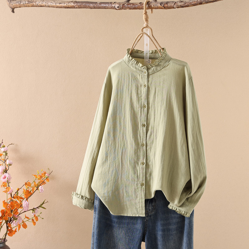 Áo sơ mi nữ 100% cotton cao cấp phong cách mùa xuân Wenyi, cổ áo cardigan ren đứng màu trơn