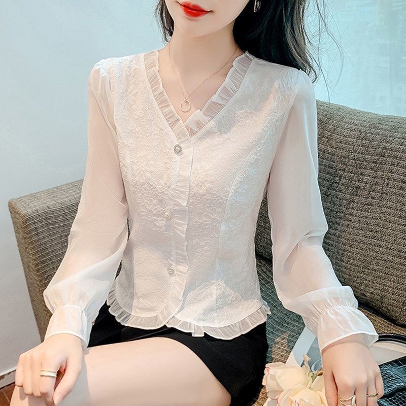 Áo sơ mi nữ tay dài, kiểu Pháp mới xuân hè với cổ áo jacquard, thiết kế thời trang, áo tay chuông bằng vải voan