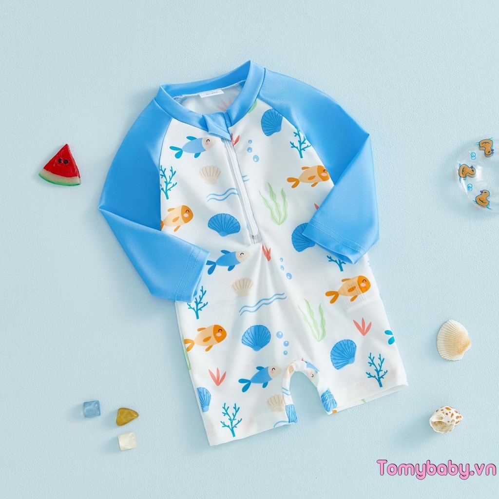 Trẻ Sơ Sinh Bé Trai Đồ Bơi Cá Vỏ Biển In Tay Dài Trên Dây Kéo Rash Guard Đồ Bơi Có Mũ Chống Nắng
