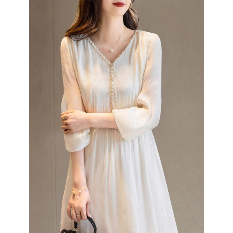 Đầm cổ chữ V thanh lịch dành cho nữ, mẫu mới mùa xuân, dáng dài vừa phải, tôn dáng, thời trang