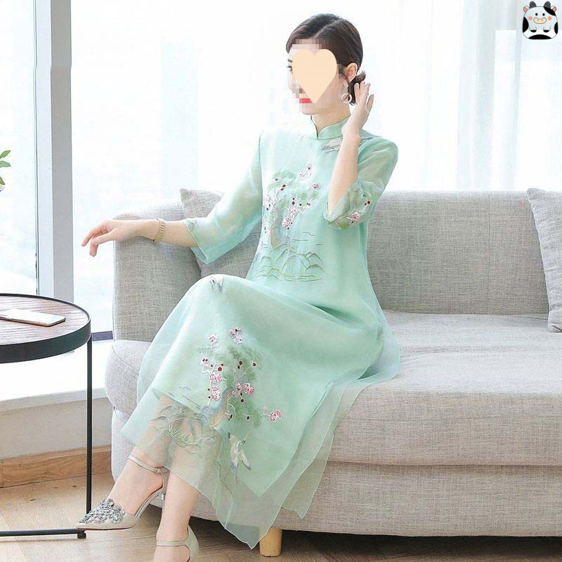 Đầm sườn xám cải tiến, phong cách mùa hè mới dành cho phụ nữ , đầm dài thêu, phong cách truyền thống Trung Quốc