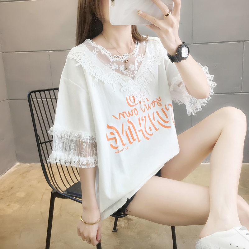Áo thun ren tay ngắn cỡ lớn dành cho nữ, mặc mùa hè, dáng rộng, trẻ trung và phong cách, có thiết kế phối vải.